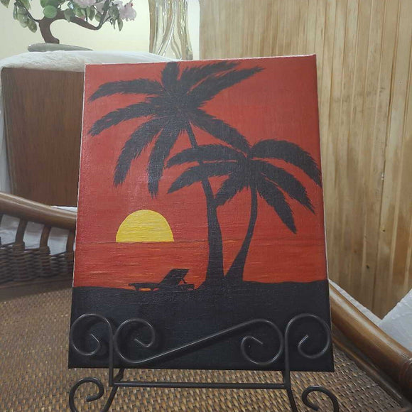 Black palms, orange sunset, acrylic on canvas