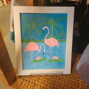 Acrylic art on canvas, 2 pink Flamingos on Lilly pads. Framed 9 1/2" x 11 1/2 h