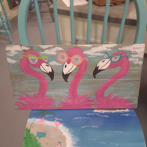 3 Flamingos on Wood Sign With Sunglasses