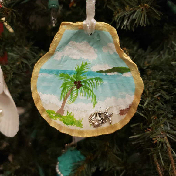 Hand Painted Scallop Shell Beach Scene Ornament